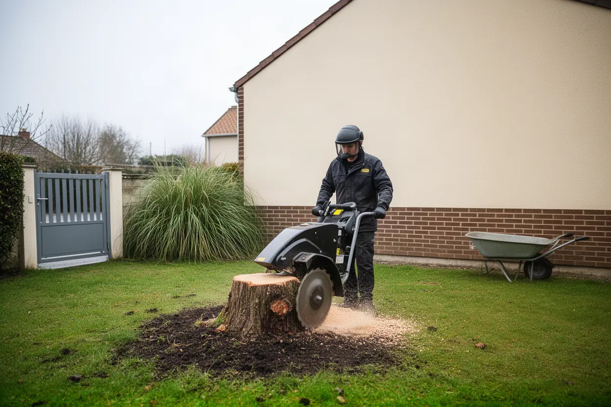 Rognage mécanique d'une souche dans un jardin calaisien